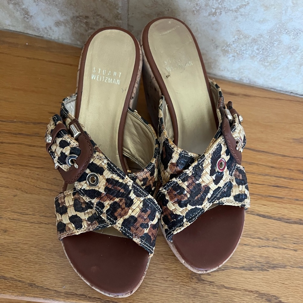 Stuart Weitzman Cheetah Animal Print Raffia Cork Wedges size 7